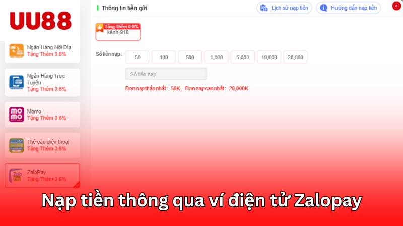 Nạp tiền cá cược thông qua ví điện tử Zalopay